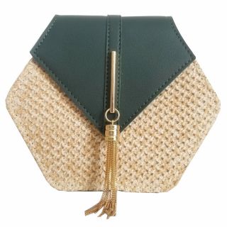 Hexagon Homemade Straw+leather HandbagHandbagsDARK-GREEN