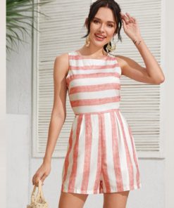 Sexy stripe Sleeveless Linen 2020 Women Jumpsuits Summer Casual Wide Leg Overalls Fashion Loose Playsuits Bohemian Strap Rompers