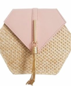 Hexagon Homemade Straw+leather HandbagHandbagsPINK-1-1