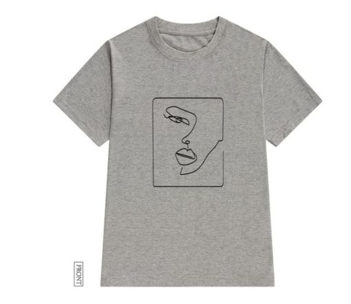 Face Abstract Simple Women T-ShirtTopsgrey-1