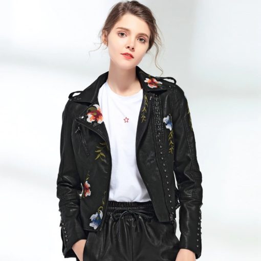 Embroidery Faux Soft Leather JacketTops3-20