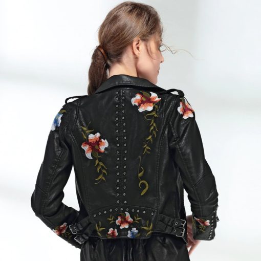 Embroidery Faux Soft Leather JacketTops4-20