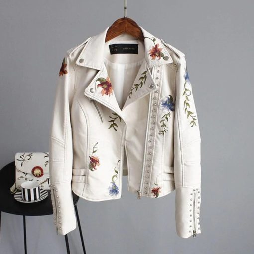Embroidery Faux Soft Leather JacketTopsbeige-5