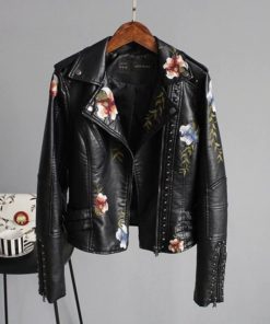 Embroidery Faux Soft Leather JacketTopsblack-16