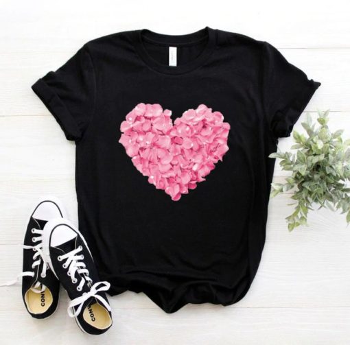 Pink Heart Flower Print T ShirtTopsBLACK-12
