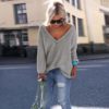 Plus Size Knitted V-Neck SweaterDressesGray-4