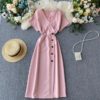 Vintage Slim V-Neck Button Summer DressDressesPink-8