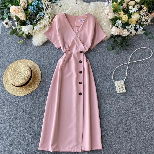 2020 Vintage Slim V-Neck Button Summer Dress – Miggon