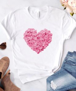 Pink Heart Flower Print T ShirtTopsWHITE-3