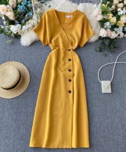 Vintage Slim V-Neck Button Summer DressDressesYellow-11
