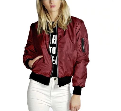 Solid Color Bomber JacketTopsred