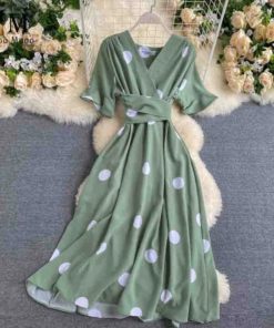 2020 Vintage Big Polka Dot Print V-Neck DressDressesArmy-Green