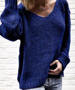 V Neck Solid Loose Knitted SweaterDressesDARK-BLUE-1