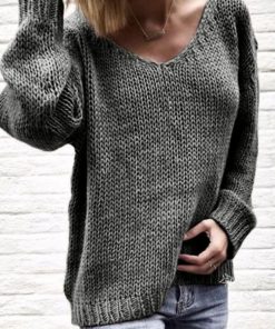 V Neck Solid Loose Knitted SweaterDressesGRAY-1