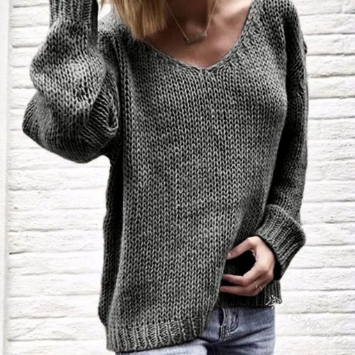 V Neck Solid Loose Knitted SweaterDressesGRAY-1