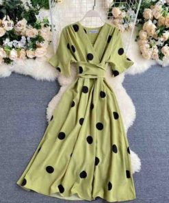 2020 Vintage Big Polka Dot Print V-Neck DressDressesGreen