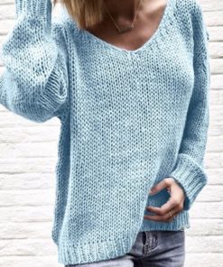 V Neck Solid Loose Knitted SweaterDressesLIGHT-BLUE-1
