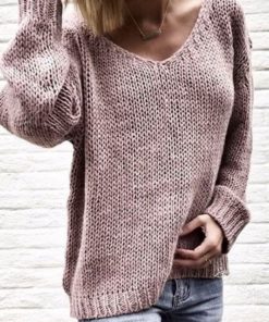 V Neck Solid Loose Knitted SweaterDressesPINK-5