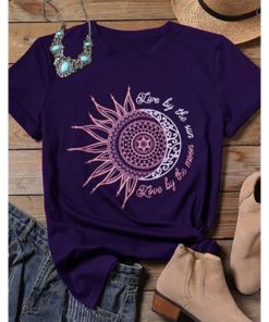 Sun Moon Print T ShirtDressesPurple