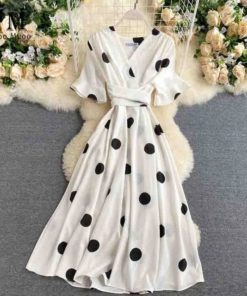 2020 Vintage Big Polka Dot Print V-Neck DressDressesWhite