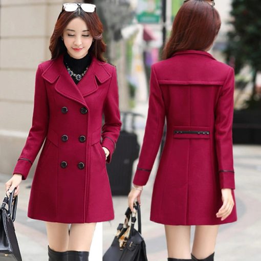  Korean Slim Woolen Outwear CoatDressesWine-Red-2