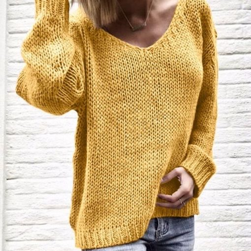 V Neck Solid Loose Knitted SweaterDressesYELLOW-1