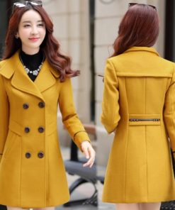  Korean Slim Woolen Outwear CoatDressesYellow-3