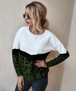 Leopard Patchwork Fall Knitted Sweater – Army Greenarmy-green-5
