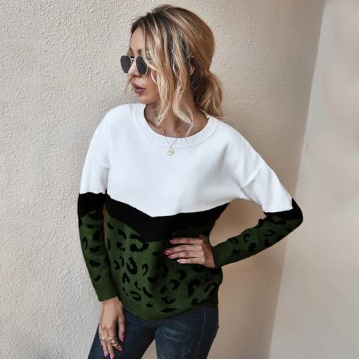 Leopard Patchwork Fall Knitted Sweater – Army Greenarmy-green-5
