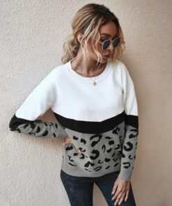Leopard Patchwork Fall Knitted Sweater – Army Greengrey-5