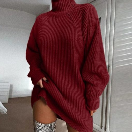 New Arrival Turtleneck Long Sleeve Sweater DressTopsBurgundy-1