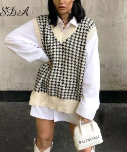 Knitted Korean Style SweaterTopsFSDA-2020-Women-Houndstooth-Vest-2