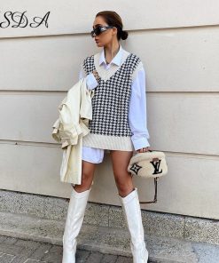 Knitted Korean Style SweaterTopsFSDA-2020-Women-Houndstooth-Vest