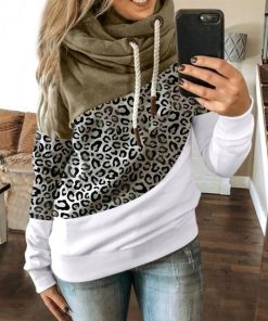 Leopard Print Turtleneck Pullover SweatshirtTopsHoodies-Women-Ladies-Solid-Hoode