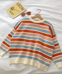 New Loose Stripe Patchwork Women’s SweaterTopsblue-2