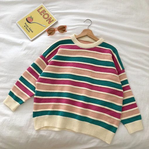 New Loose Stripe Patchwork Women’s SweaterTopsgreen-8