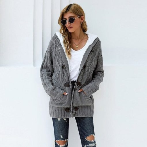 Warm Hooded Cardigan SweaterTopsdark-grey