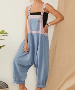 Backless Cotton Pocket Loose JumpsuitDresses3XL-Summer-Button-Patchwork-Wome