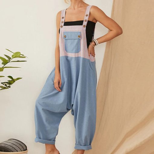 Backless Cotton Pocket Loose JumpsuitDresses3XL-Summer-Button-Patchwork-Wome