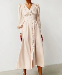 2021 Long Full Sleeve Stunning DressDressesOOTN-Beige-Single-Breasted-Sexy-3
