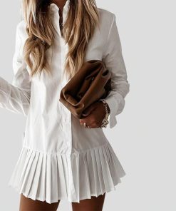 Casual Turn Down Collar Mini DressDressesAutumn-Long-Sleeve-White-Pleated-1