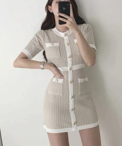Korean Summer Sexy Party Elegant DressDressesButton-Knitted-wDress-Bodycon-Min