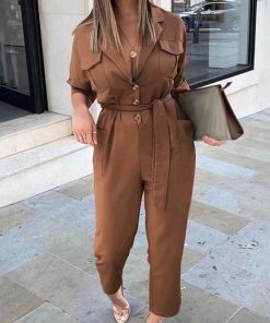 Casual Solid Color Cargo JumpsuitDressesCelmia-Roampers-Fashion-Jumpsuits