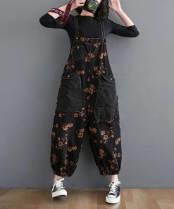 Korean Style Floral Print Denim Jumpsuit – BlackLoose-Jeans-Bl-ack-Jumpsuit-Women
