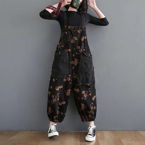 Korean Style Floral Print Denim Jumpsuit – BlackLoose-Jeans-Bl-ack-Jumpsuit-Women