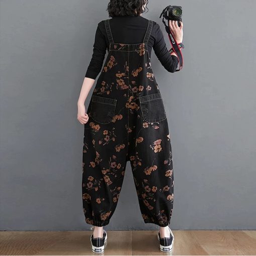 Korean Style Floral Print Denim JumpsuitSwimwearsLoose-Jeans-Black-Jumpsuit-Women-1