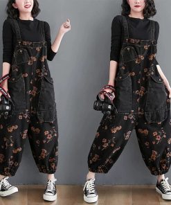 Korean Style Floral Print Denim JumpsuitSwimwearsLoose-Jeans-Black-Jumpsuit-Women