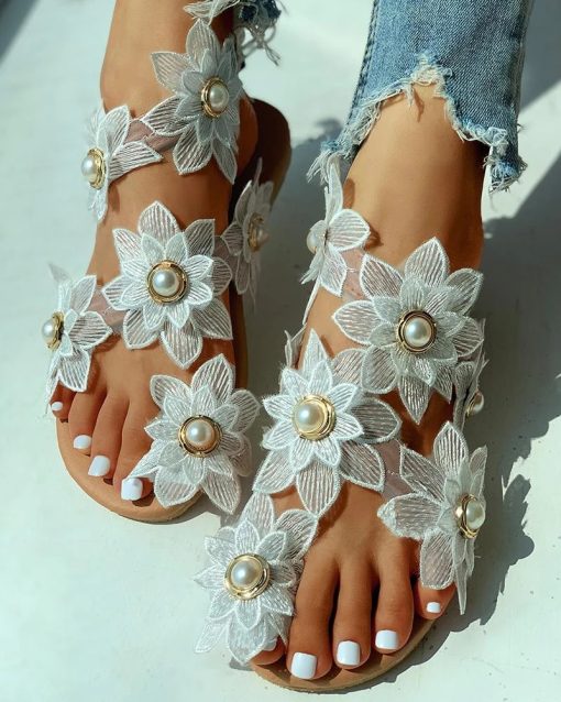 Microfiber White Flower Pearl Flat SandalShoesSu-mmer-Women-Sandals-Microfiber