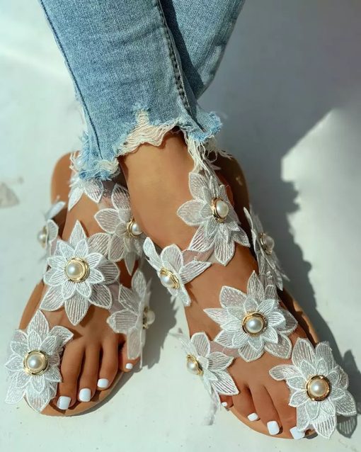 Microfiber White Flower Pearl Flat SandalShoesSummer-Women-Sandals-Microfiber