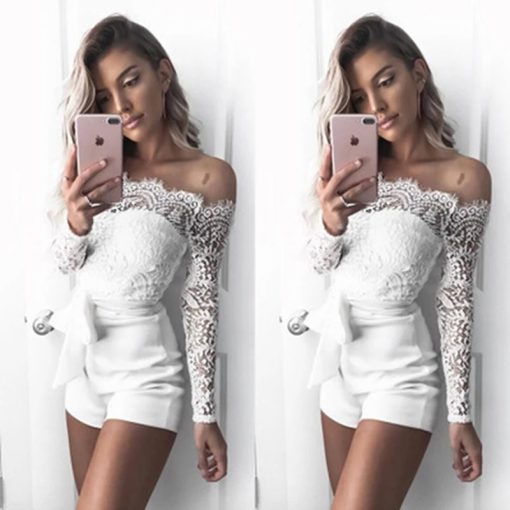 Sexy Lace Skinny JumpsuitDressesSummer-Whit-e-Women-Solid-Long-Sl